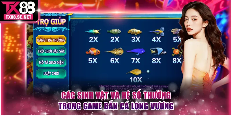 Các sinh vật và hệ số thưởng trong game Bắn Cá Long Vương